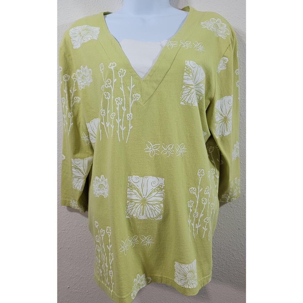 Decorated Originals Lime Green Floral Print Top Large Lightweight Vented Sides